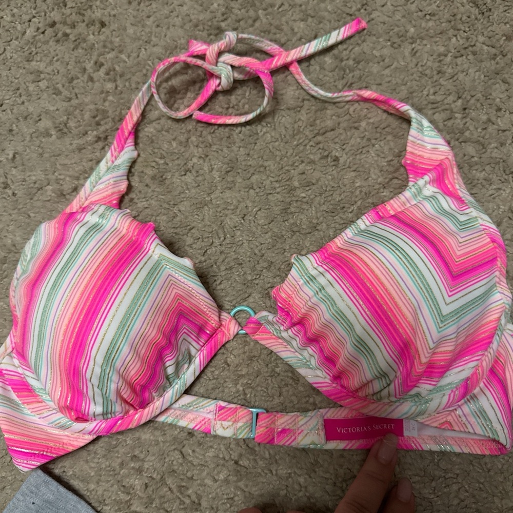 Victoria's Secret Hot Pink, Mint & White Striped Halter Bikini Top